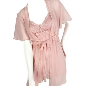 Flora Blush Pink Babydoll, Thong Panty, Kimono Set